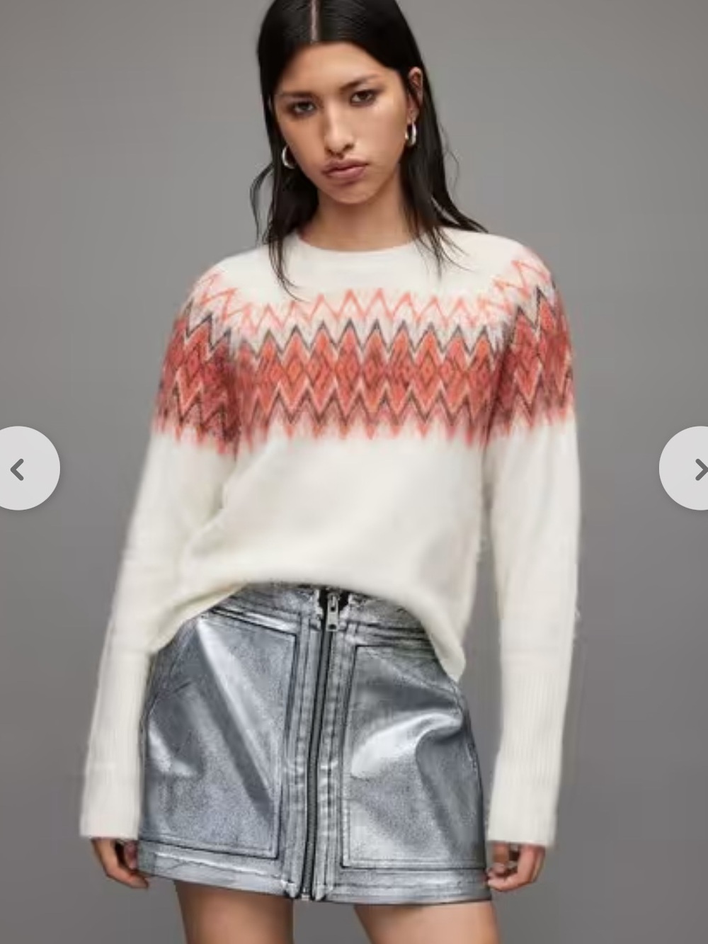 AllSaints Clyde Fair Isle Wool Blend Sweater Cream Red Zigzag Size Large